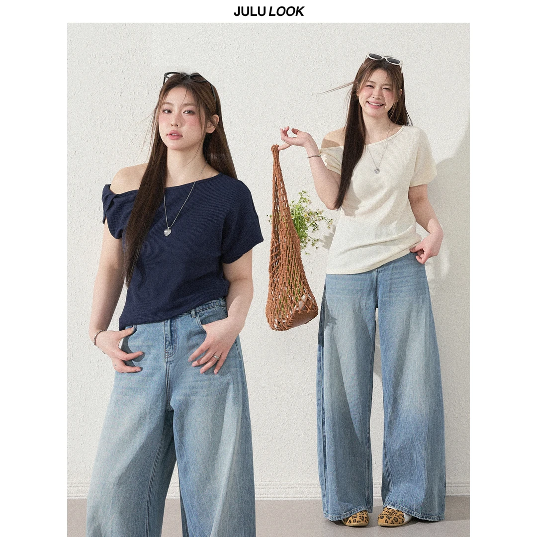 巨鹿工作室“轻氧浅夏”微胖mm华夫格肌理感斜肩纽结T恤大码上衣