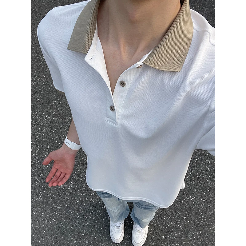 美式双珠地polo衫短袖男夏季小众设计感拼接翻领t恤高级感半截袖