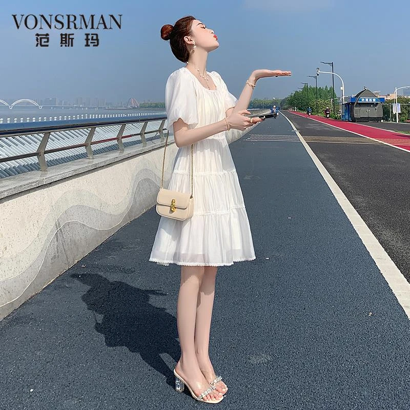 高级感法式时尚连衣裙2025夏新款小个子收腰白色中长款仙女A字裙a