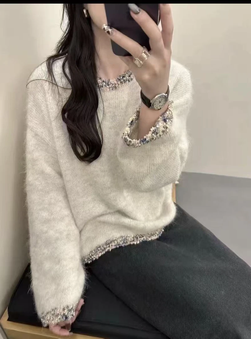 6491#小香风花灰色软糯套头宽松高级感外穿针织上衣