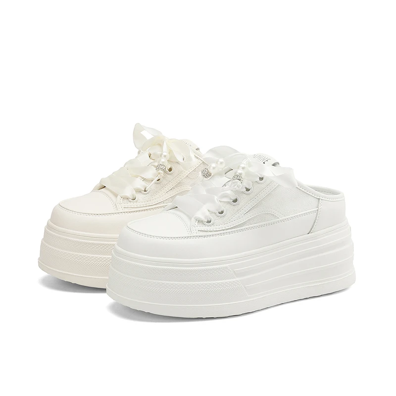达芙妮品牌正品蕾丝蝴蝶结厚底透气网面鞋2025夏季新款休闲小白鞋