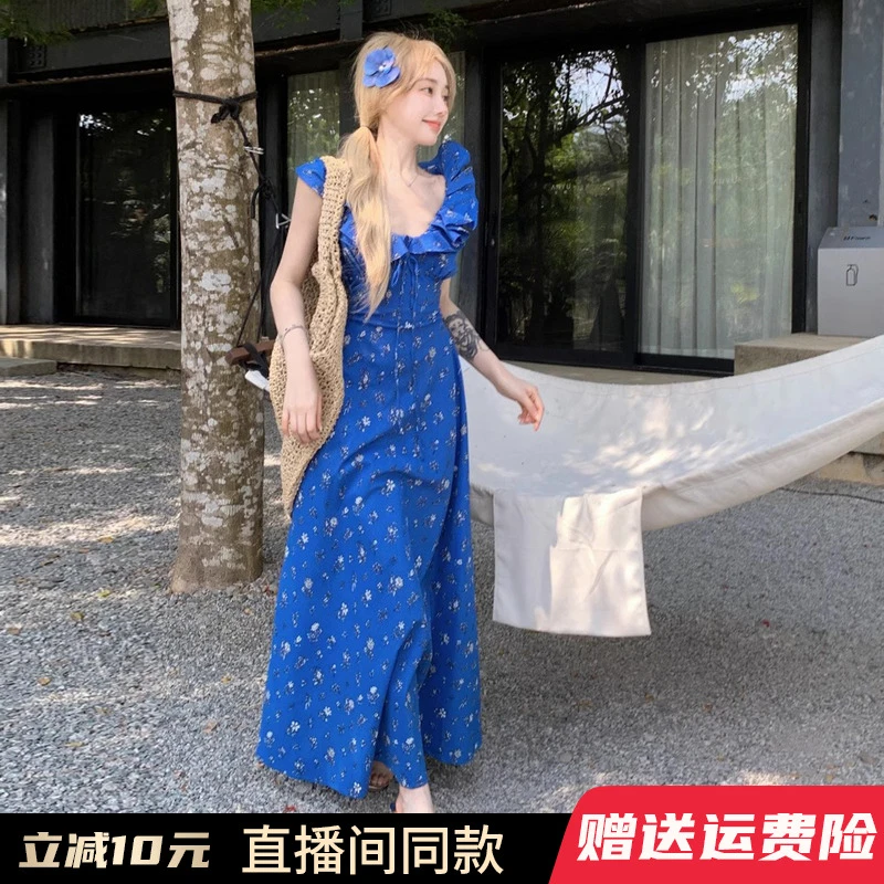 法式荷叶边蓝色碎花连衣裙子女2025早秋新款多巴胺海边度假风长裙