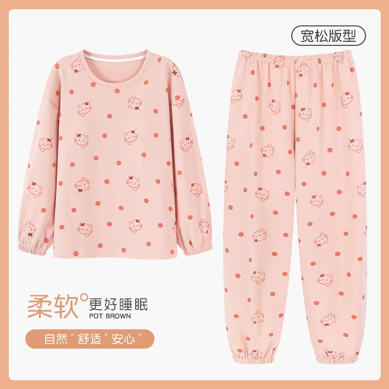 品牌纯棉睡衣纯棉女带胸垫卡通春秋季长袖长裤套头大码宽松睡衣