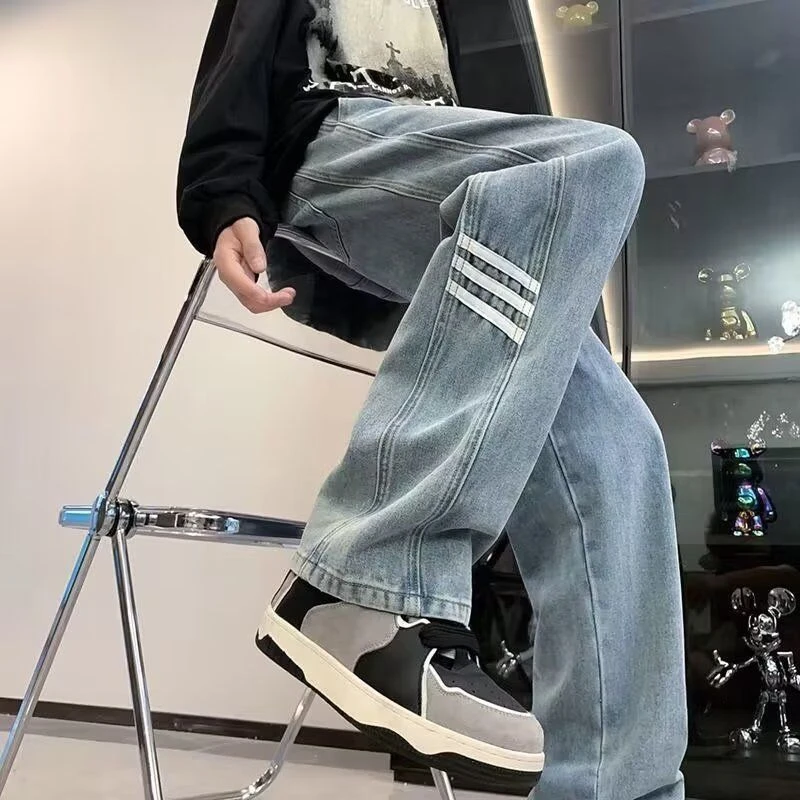 美式牛仔裤男潮牌春秋季设计感条纹阔腿裤子宽松高街休闲直筒长裤