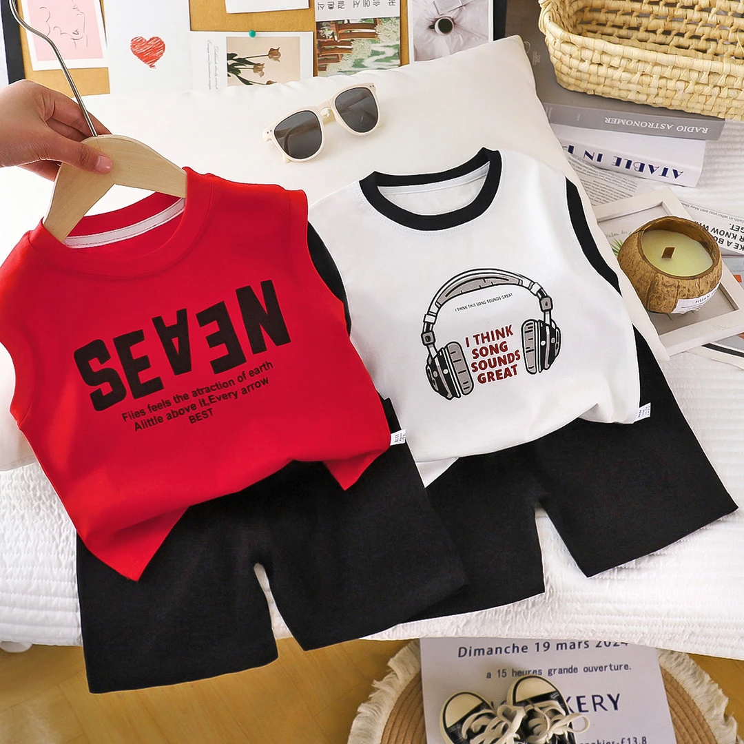 儿童背心套装纯棉夏季新款男童女童韩版洋气无袖T恤短裤两件套潮