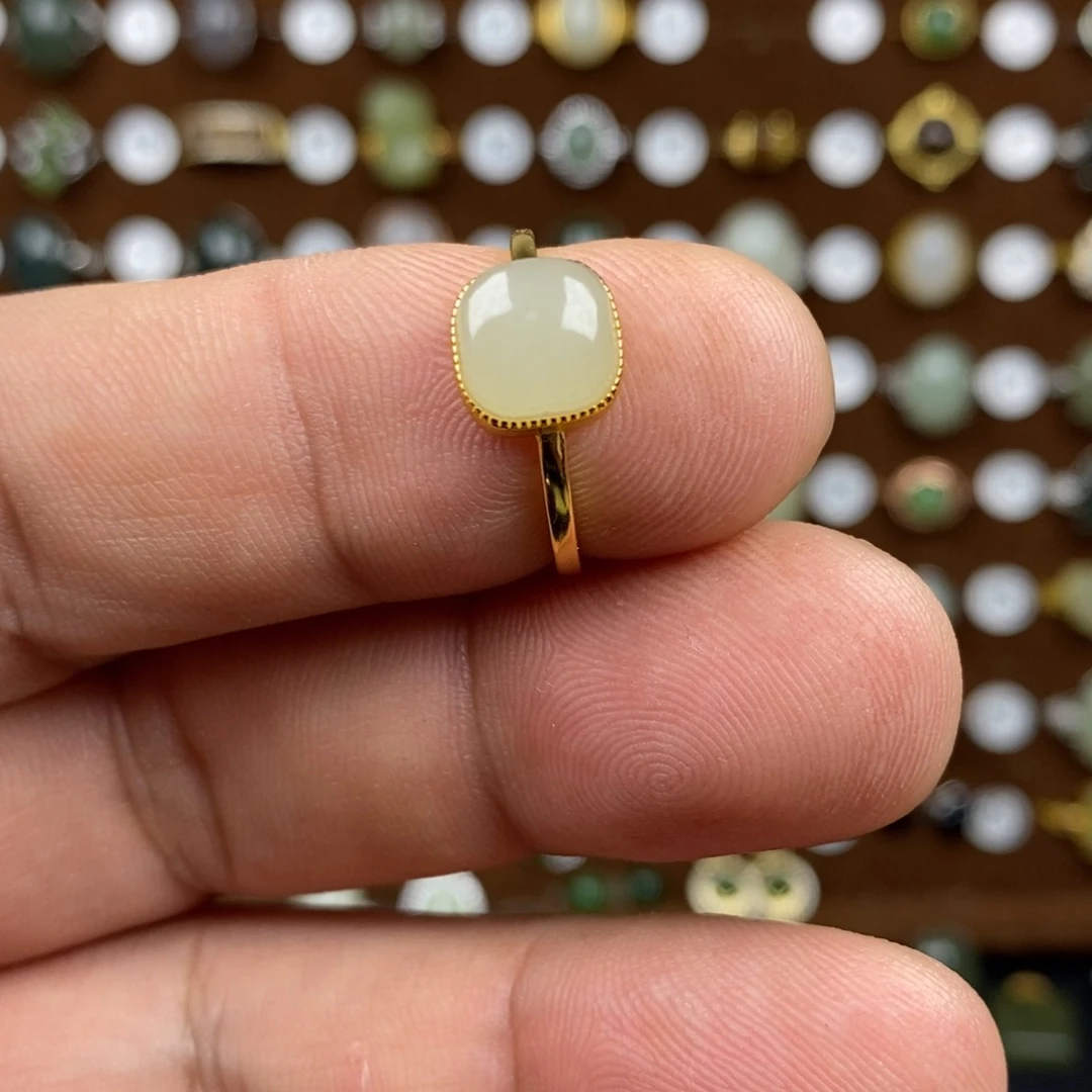 和田玉（白玉）戒指银S925镀金镶嵌