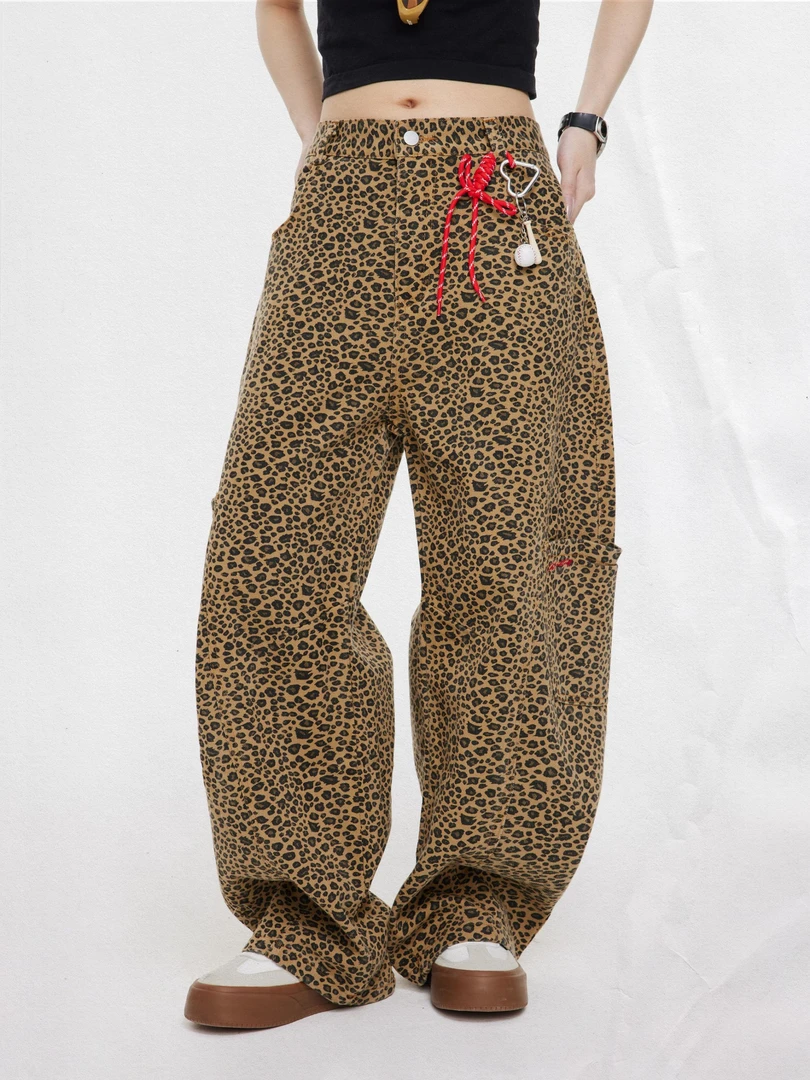 UNOTOBE 美式复古豹纹字母刺绣阔腿宽松工装弯刀裤休闲长裤