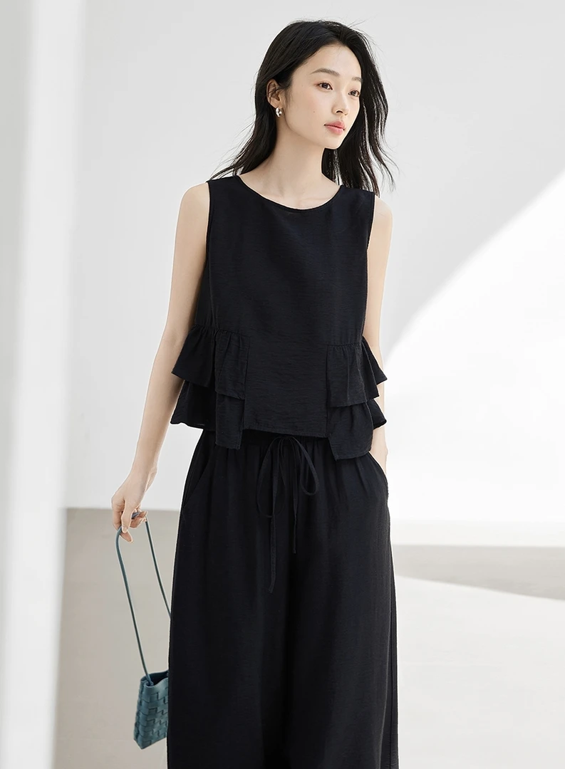 法式简约荷叶边无袖衬衫套装女2025夏新款松弛感显瘦阔腿长裤