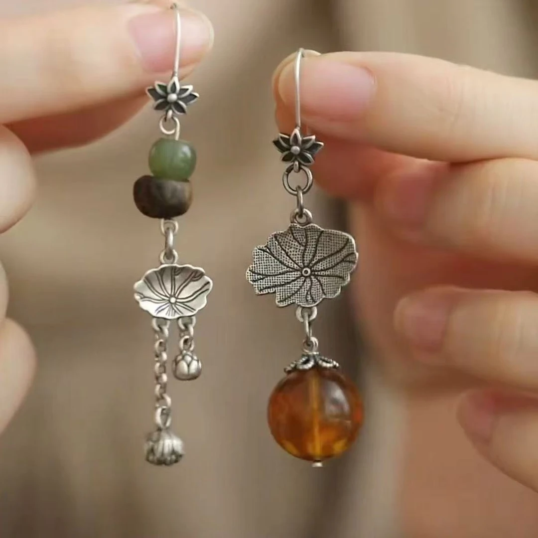 锌合金耳饰 中式复古荷叶莲蓬不对称耳环民族风耳饰520送女友礼物