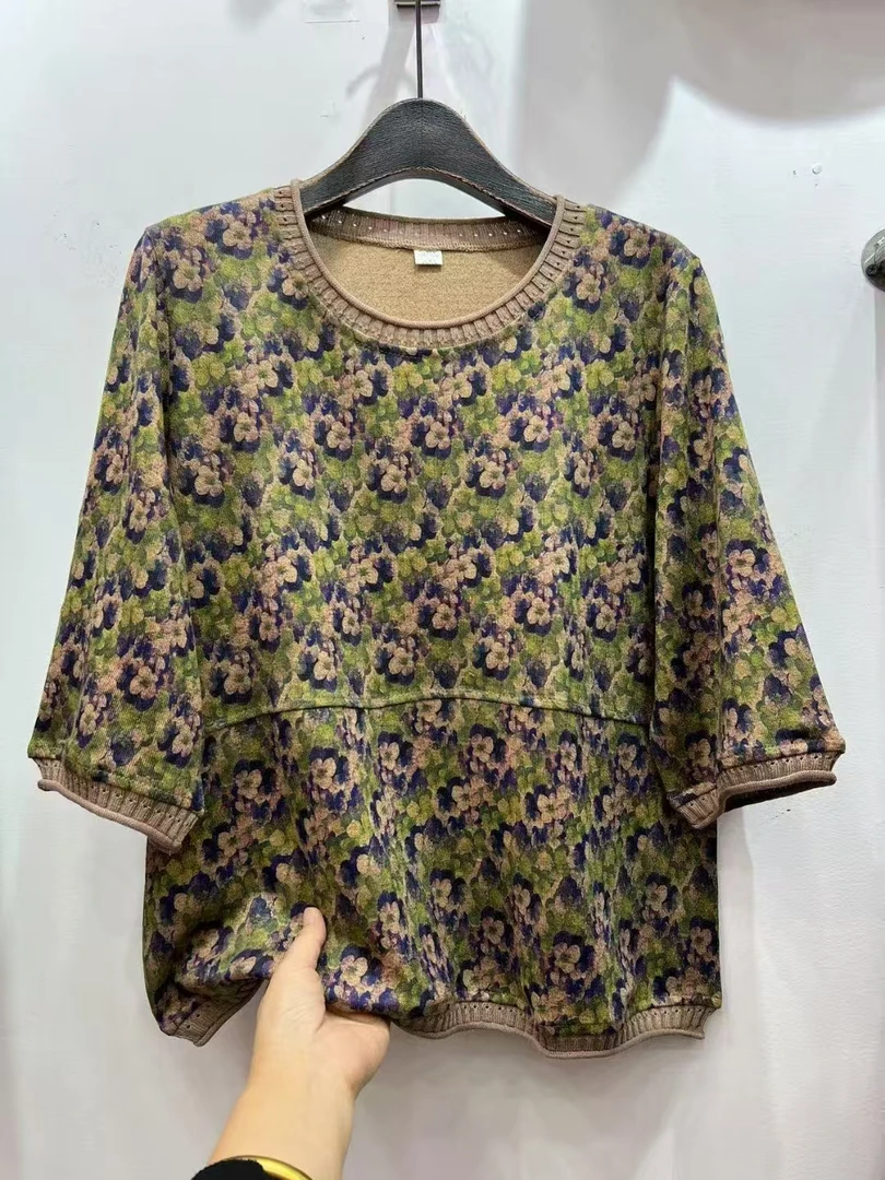 女款圆领花中袖上衣42-3639
