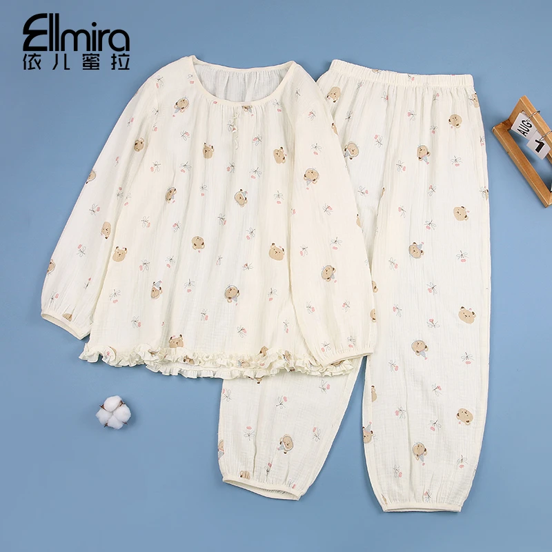 9342女童睡衣家居服套装长袖长裤双纱两件套宽松空调服大童洋气