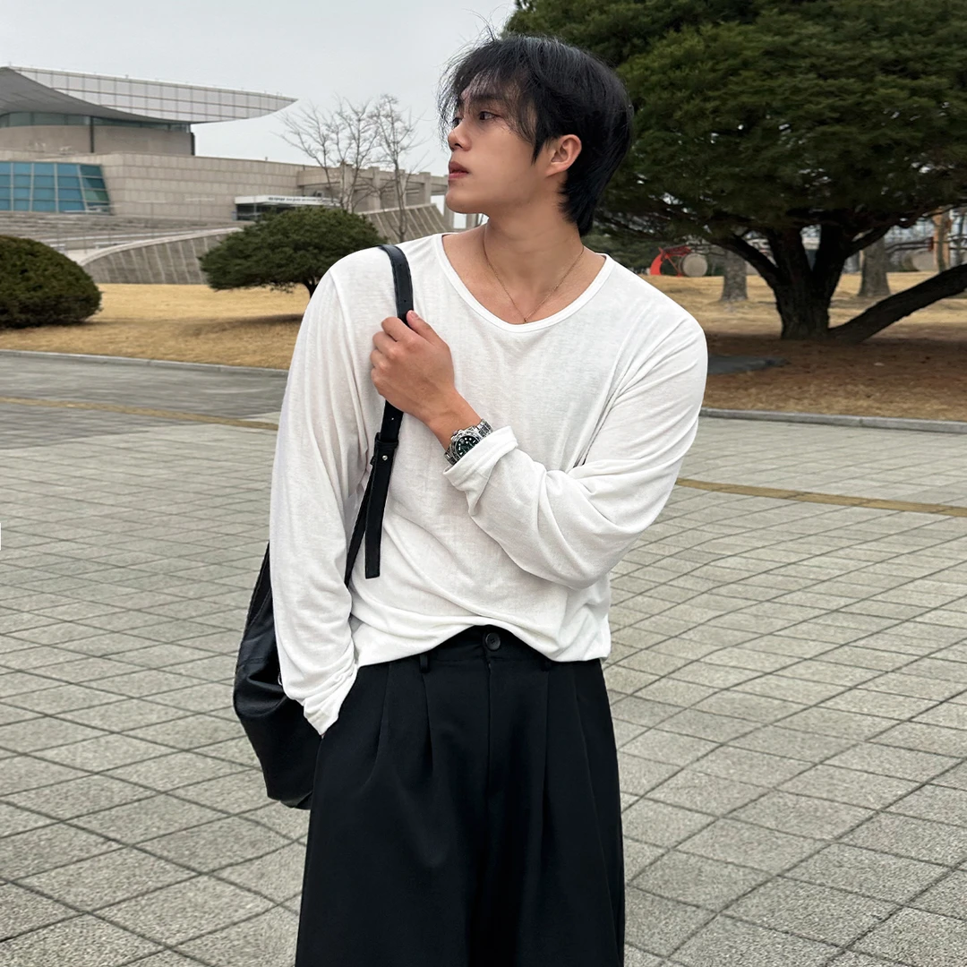 MRCYC简约风纯色长袖T恤男士秋季宽松休闲打底衫韩系通勤圆领上衣