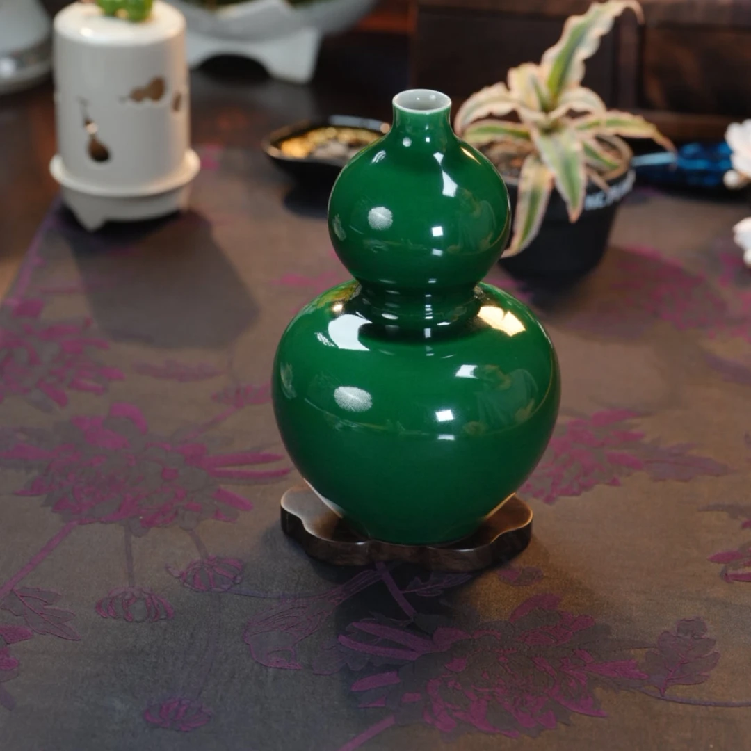 瓷唐里——帝王翡翠绿釉茶空间葫芦瓶手工绿色创意中式色釉023