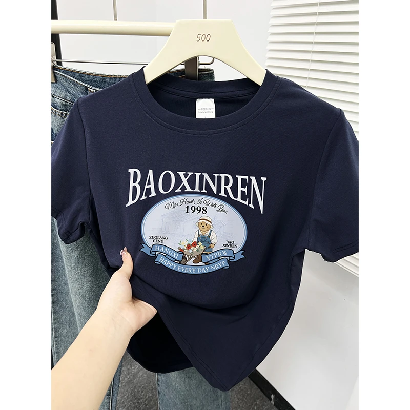 2025夏季韩版正肩别致圆领短袖T恤女生可爱小熊印花时尚显瘦上衣