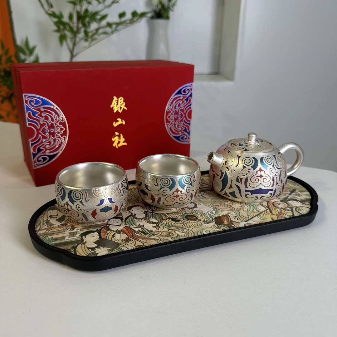 饕餮银壶两杯+飞天敦煌茶盘@ZHZ117