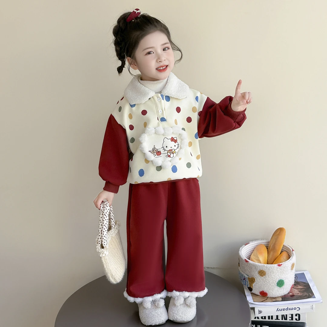 女童加绒卫衣套装秋冬2025新款儿童加厚polo领两件套宝宝保暖衣服