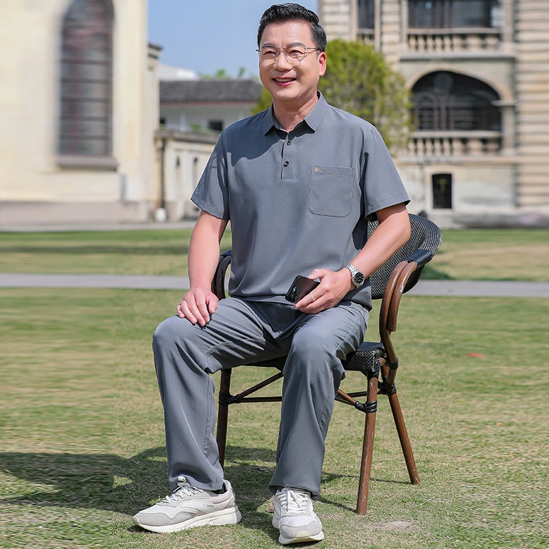 男士冰丝无痕短袖套装2025新款中年运动休闲POLO衫T恤爸爸装夏装