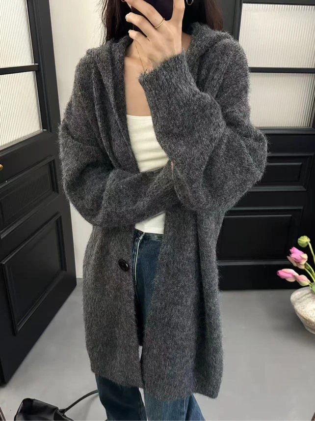 慵懒风宽松大码秋冬新款软糯韩版连帽针织中长款开衫外套
