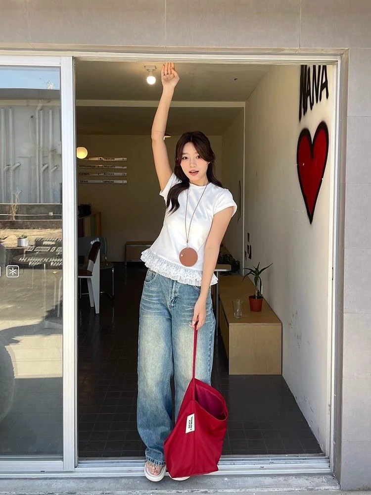 夏季新款蕾丝花边芭蕾风短袖T恤女韩版新款内搭设计感上衣女纯棉