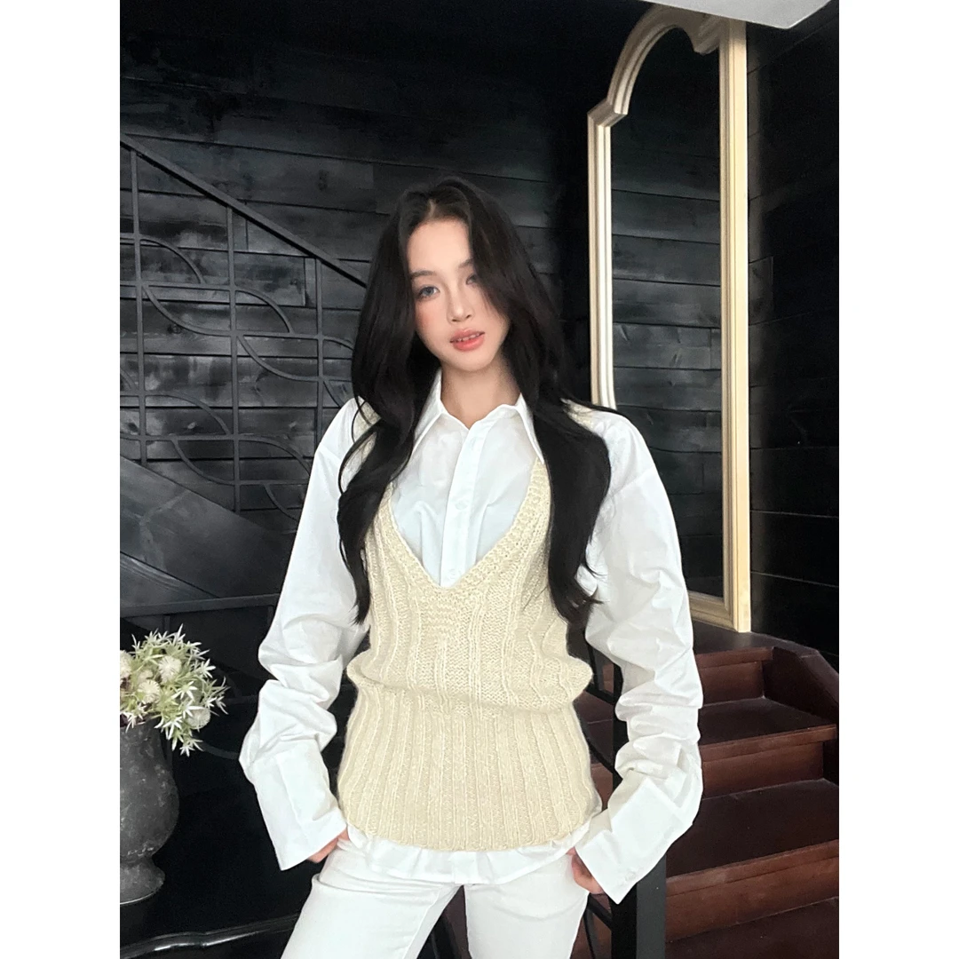 通勤灵魂叠穿马甲背心两件套女v领针织上衣白色衬衫时尚百搭套装