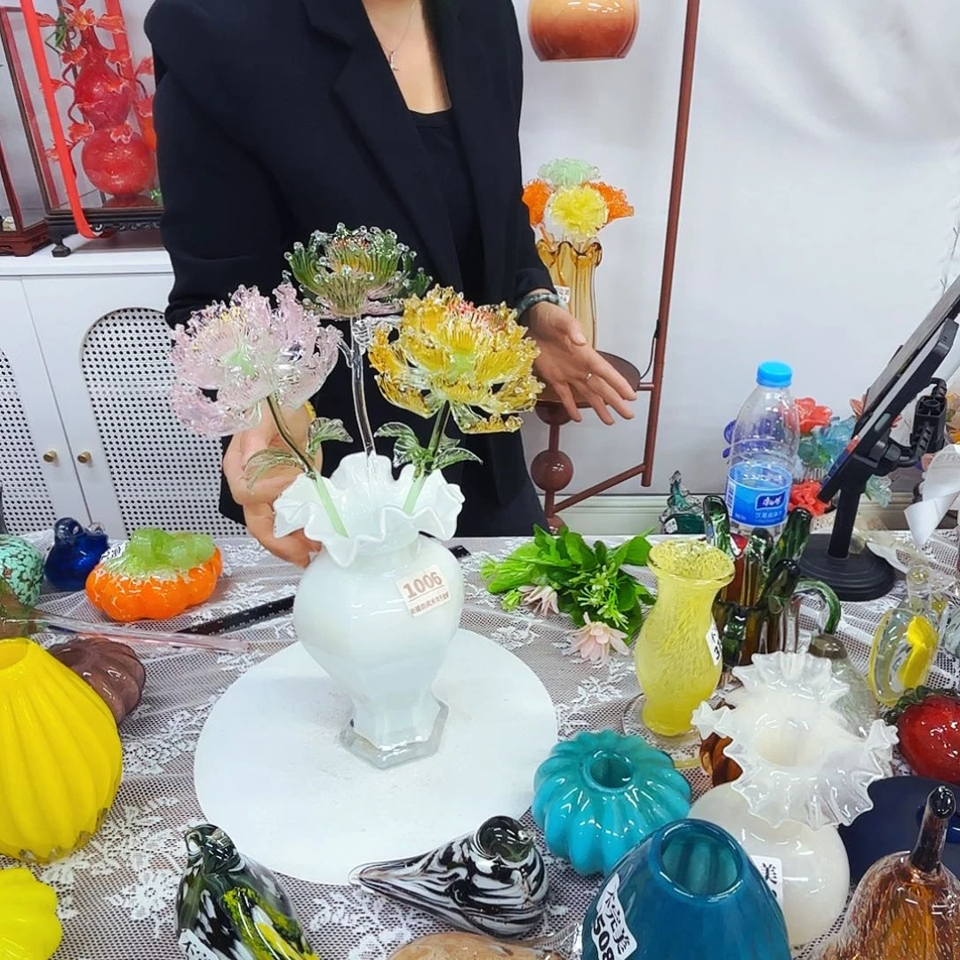 3朵牡丹送花瓶安妮家居琉璃摆件