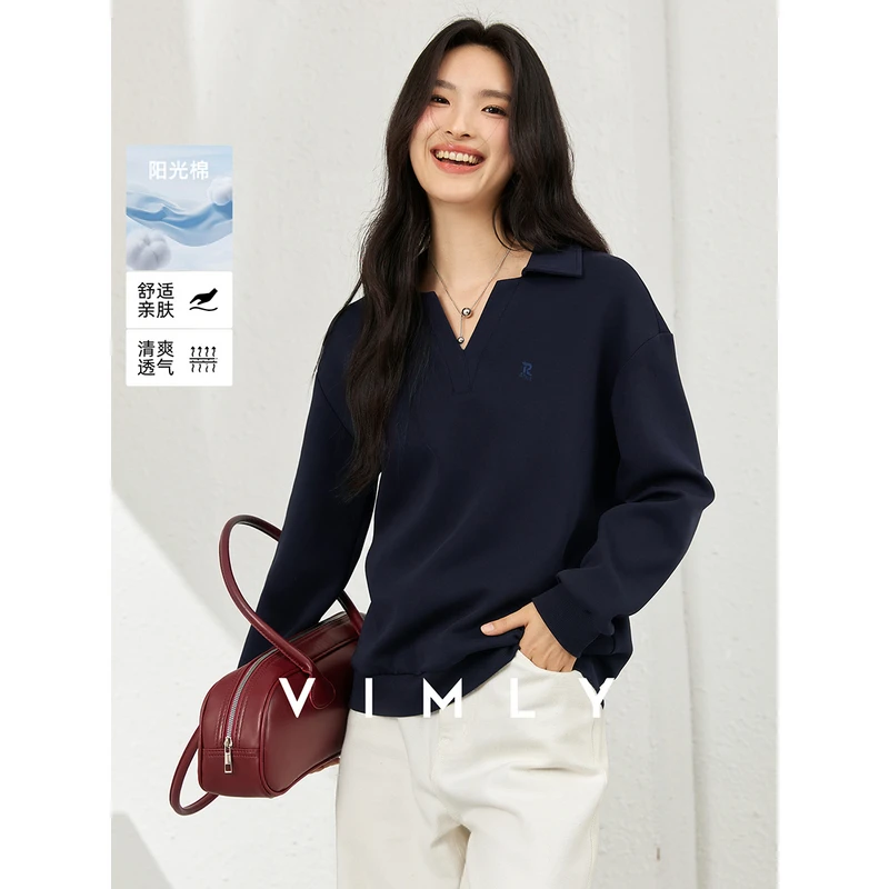 梵希蔓藏青色翻领v领长袖卫衣女秋季刺绣显瘦直筒t恤上衣A2057