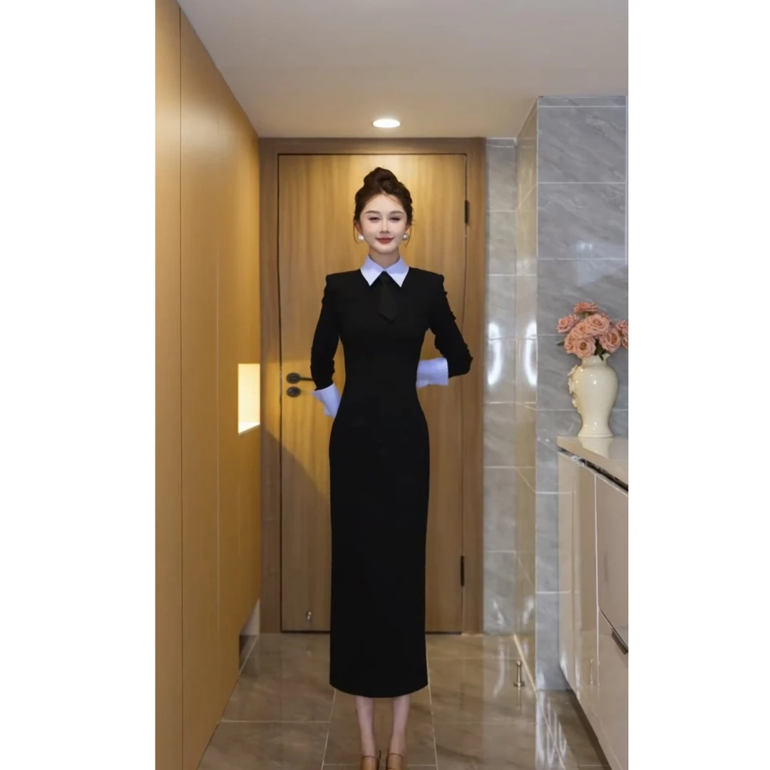 法式赫本风黑色长袖连衣裙女2025早秋新款高级感收腰显瘦包臀长裙