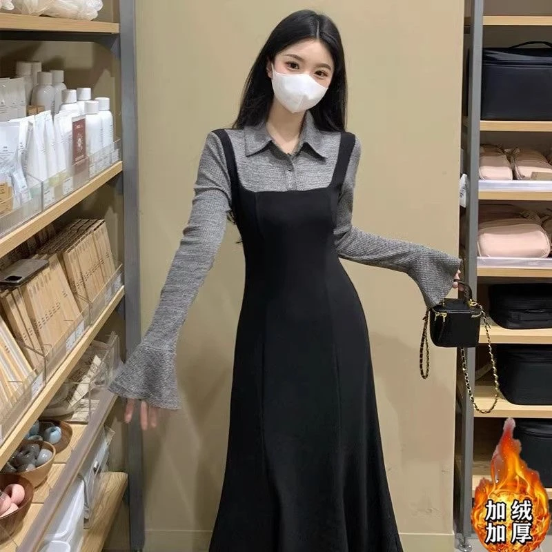 法式polo领连衣裙女秋冬2025新款今年流行超好看假两件爆款长裙子