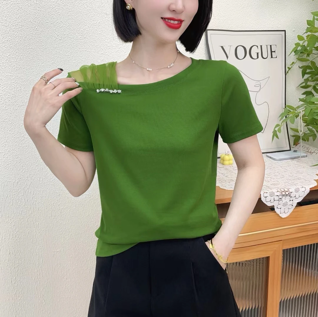 夏季时尚潮流百搭不规则女装漏肩网纱洋气显瘦短袖女士T恤#6603