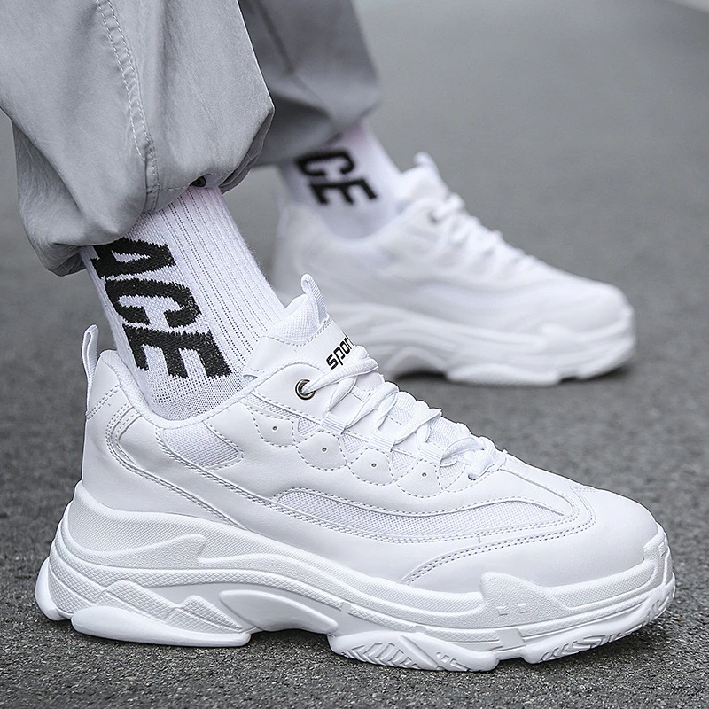 秋冬情侣款时尚拼接透气网面厚底增高休闲老爹小白运动鞋男女款式