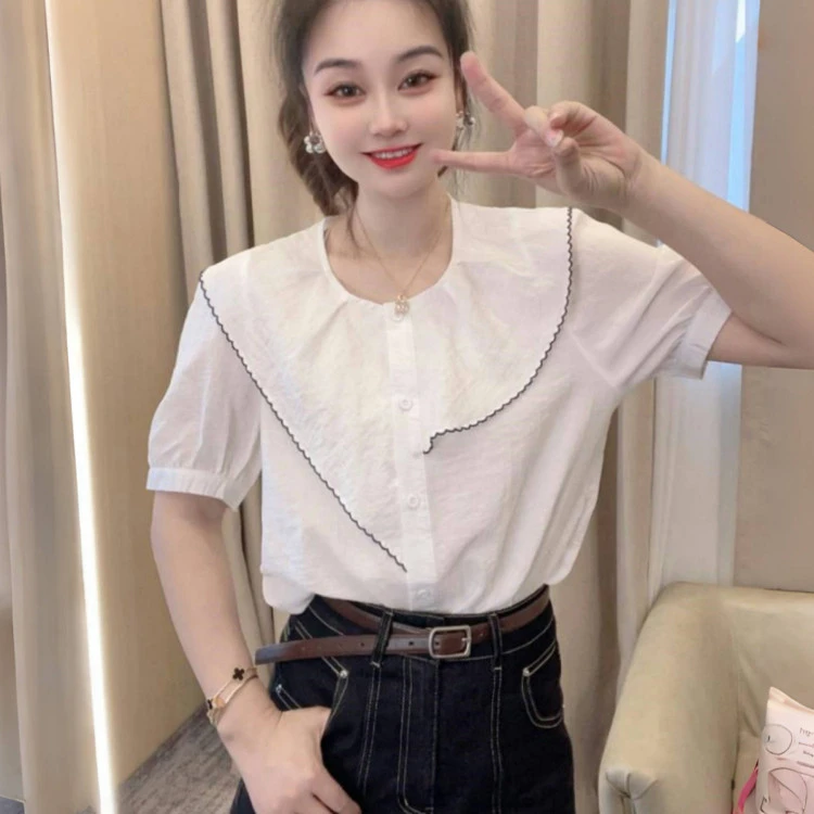 法式娃娃领荷叶边短袖衬衫女2025夏季新款时尚甜美减龄百搭上衣