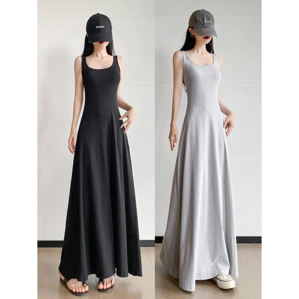 法式气质方领吊带连衣裙女高级感收腰A字大摆裙内搭背心拖地长裙