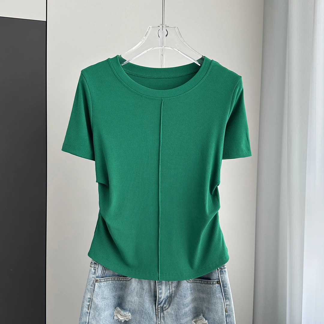 2025夏季新款正肩女t恤短袖U领螺纹拼接褶皱宽松大码遮肉显瘦上衣