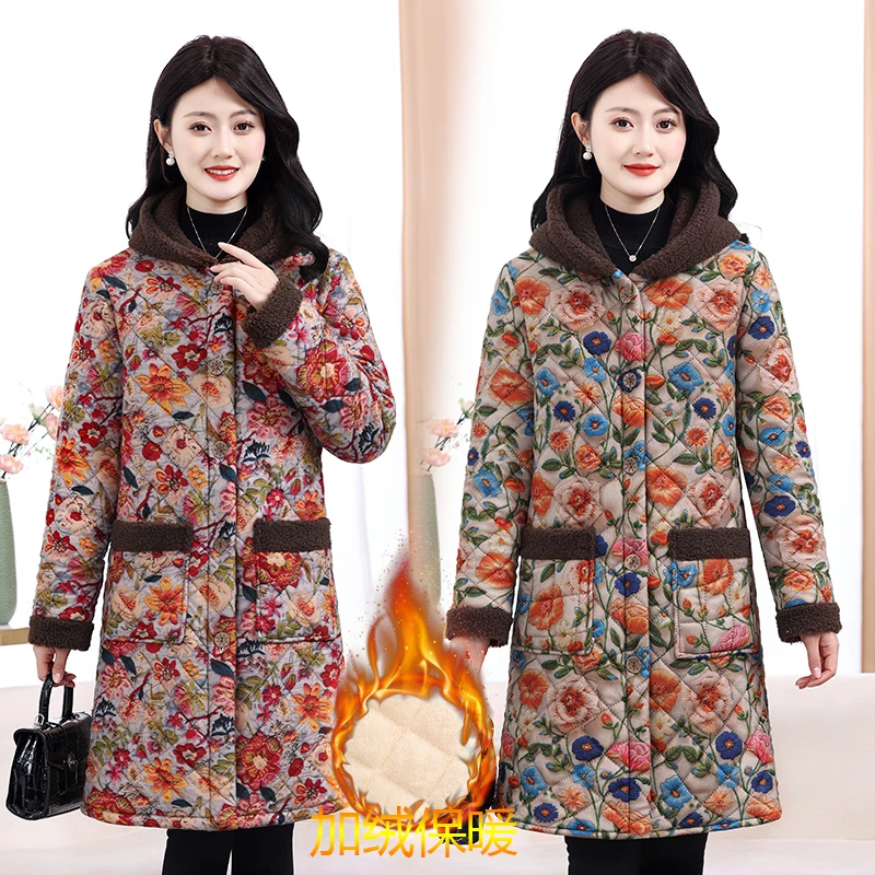 冬季新款妈妈加厚棉衣连帽加绒棉服中老年中长款保暖碎花棉袄外套