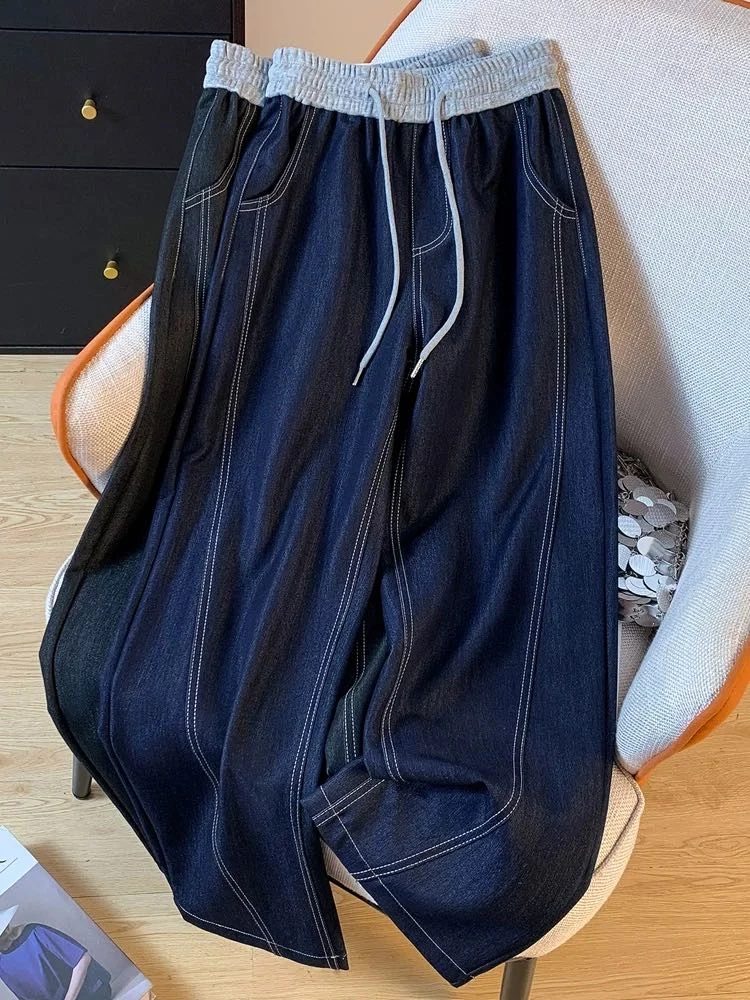 秋季新款撞色腰头云感软牛仔高腰窄版直筒裤8255