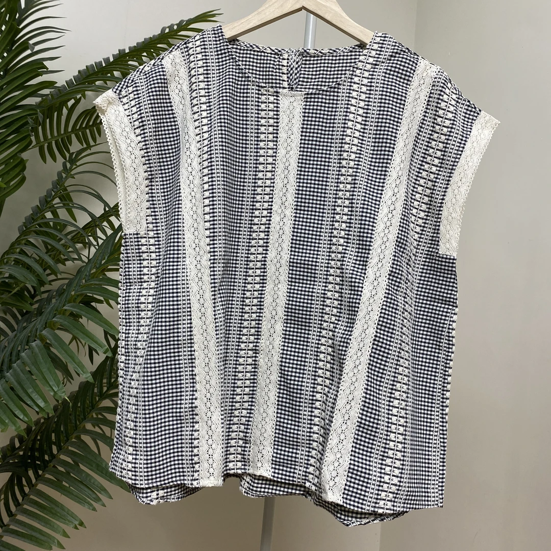 【圆领刺绣黑白格坎肩棉衬衫】4131