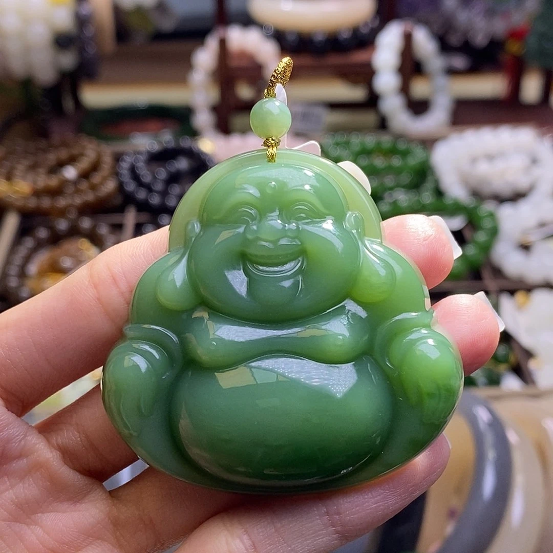 颈饰未镶嵌和田玉碧玉金镶粉绿佛公吊坠