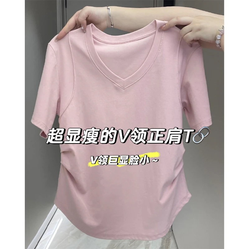 大码200斤洋气时尚减龄正肩V领掐腰显瘦百搭设计感短袖t恤女上衣