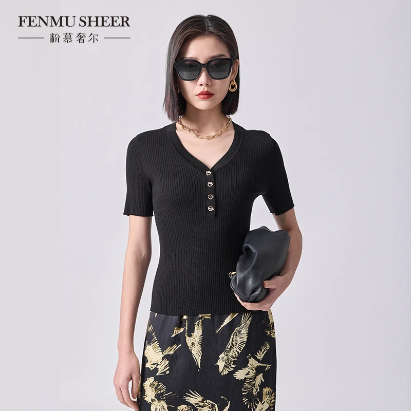【粉丝专享】粉慕奢尔『法式浪漫』桑蚕丝V领修身冰丝毛针织衫-W2160