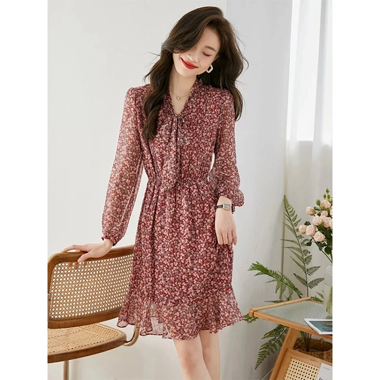 *适合小个子的穿搭碎花裙女新款雪纺连衣裙气质V0837