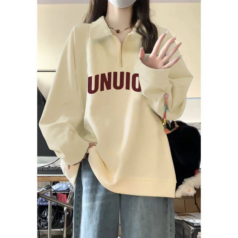 美式复古chic加绒加厚Polo领卫衣女秋冬季慵懒宽松半拉链外套上衣