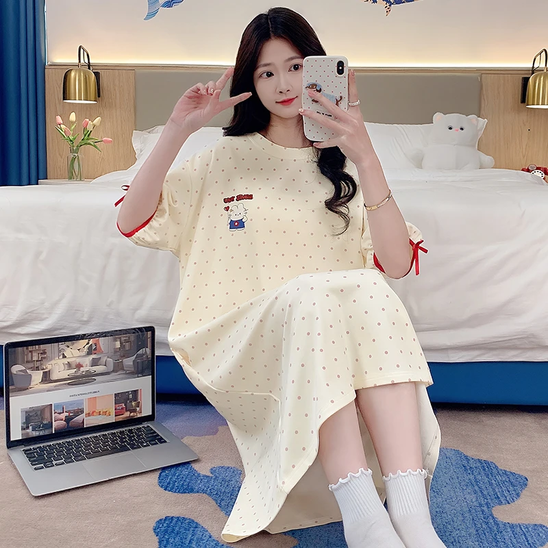 短袖睡裙女夏季薄款2025新款学生甜美波点夏天韩版外穿睡衣家居服