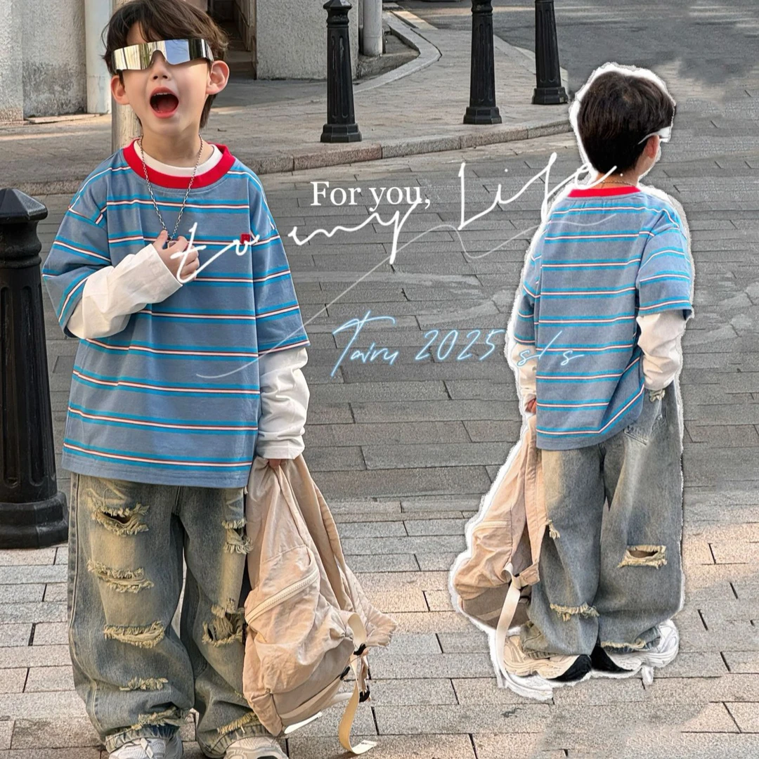 2025春季新款韩版男童长袖T恤百搭条纹假两件打底衫儿童上衣
