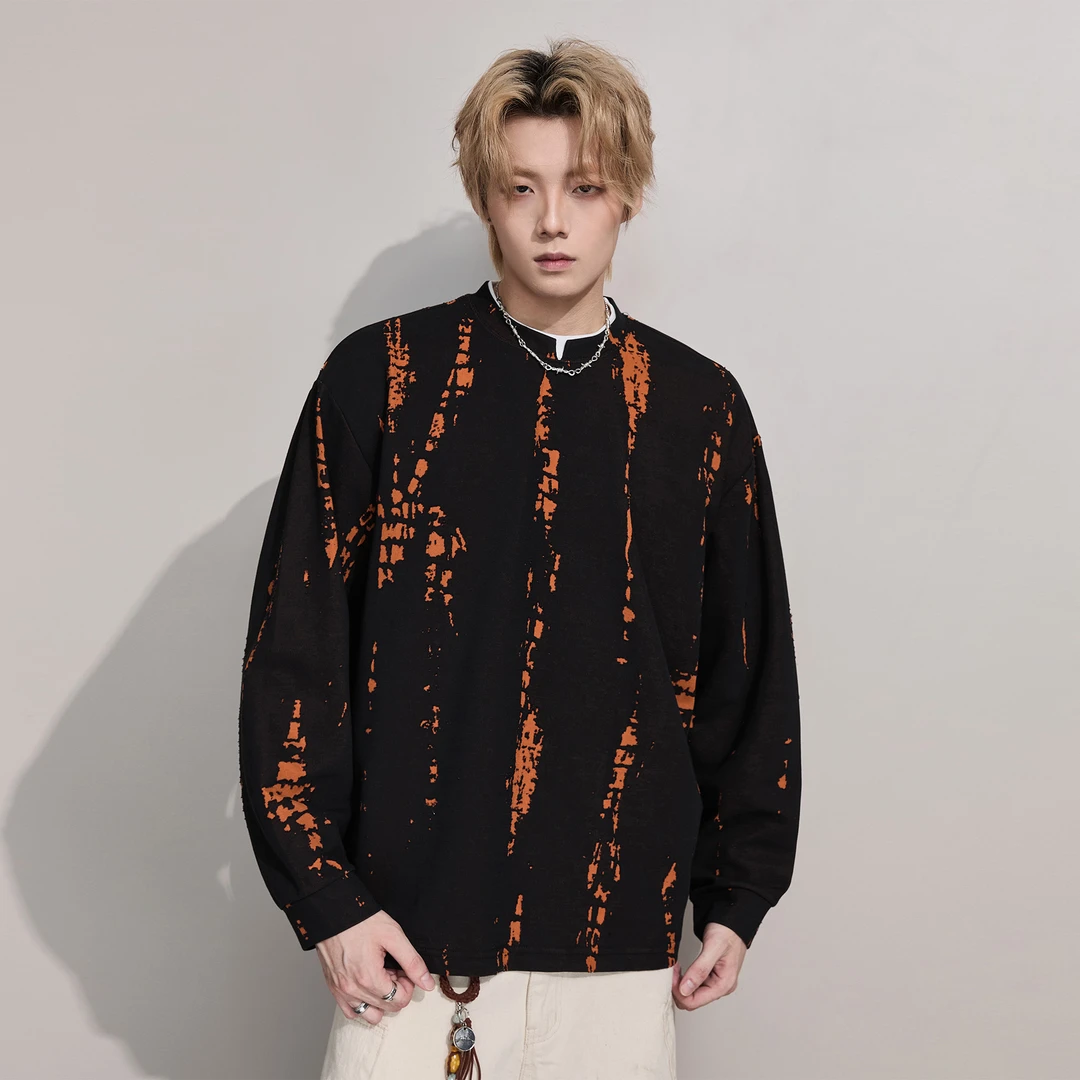 撞色假两件长袖T恤男痞帅秋季潮牌重磅落肩袖宽松休闲情侣上衣