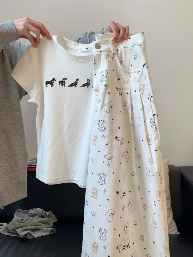 韩系休闲甜美减龄通勤风腊肠小狗印花T恤卡通牛仔裤套装2025夏季