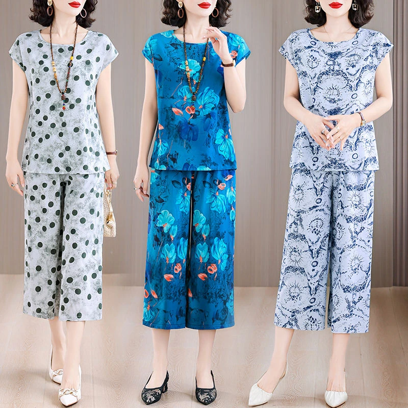 新款棉绸套装女夏季时尚外穿中老年妈妈显瘦人造棉短袖洋气两件套