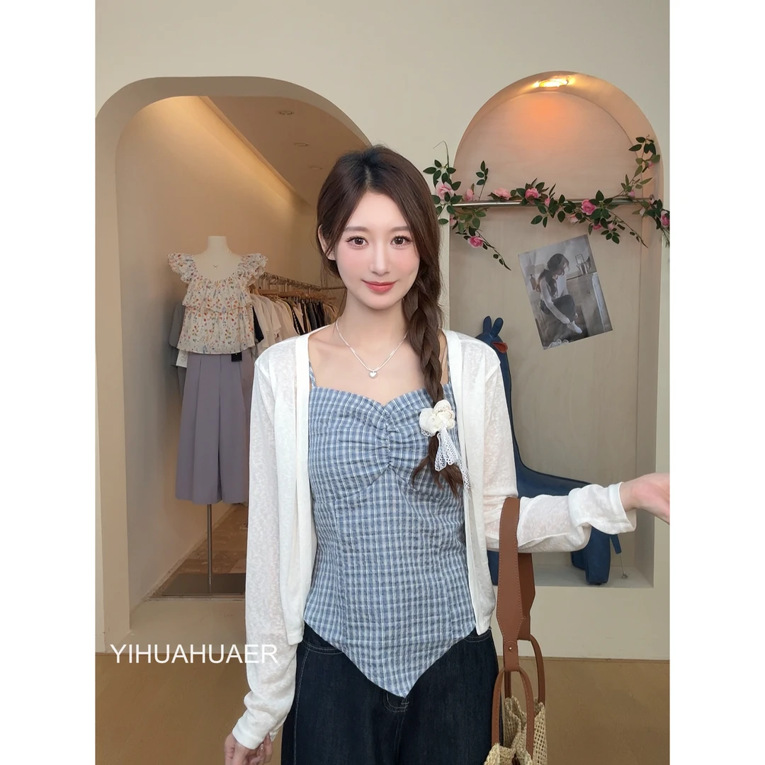 【纯纯欲动】A东大门韩系不规则下摆短款格子吊带＋纯色薄款开衫3414