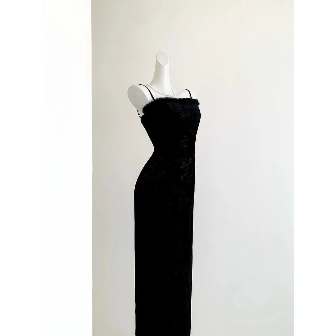 【墨竹浮光】丝绒修身气质吊带高级名媛显瘦连衣裙超仙修身出片