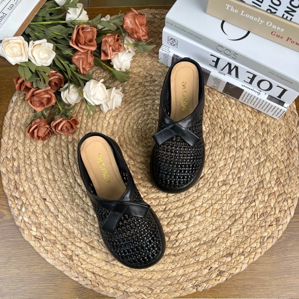 凉鞋休闲百搭夏季编织厚底舒适外穿包头拖鞋真皮女士牛皮9870-12