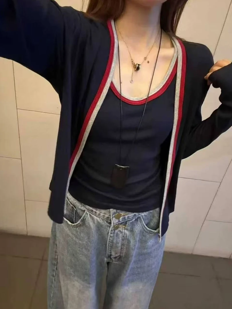 7038新款韩系撞色条纹长袖开衫背心两件套